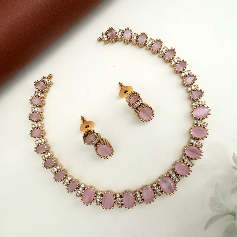 Oval Stone Antique AD Necklace - Pastel Pink